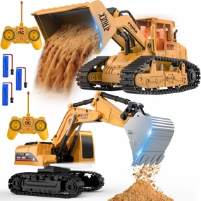 AISYAH Remote Control Excavator and Construction Bulldozer Toy Set - RC Construction Vehicles Toy with Barricades, Road Signs, Simulated Rocks, Lights and Sounds, Present for Toddlers 6-12 Year Kids