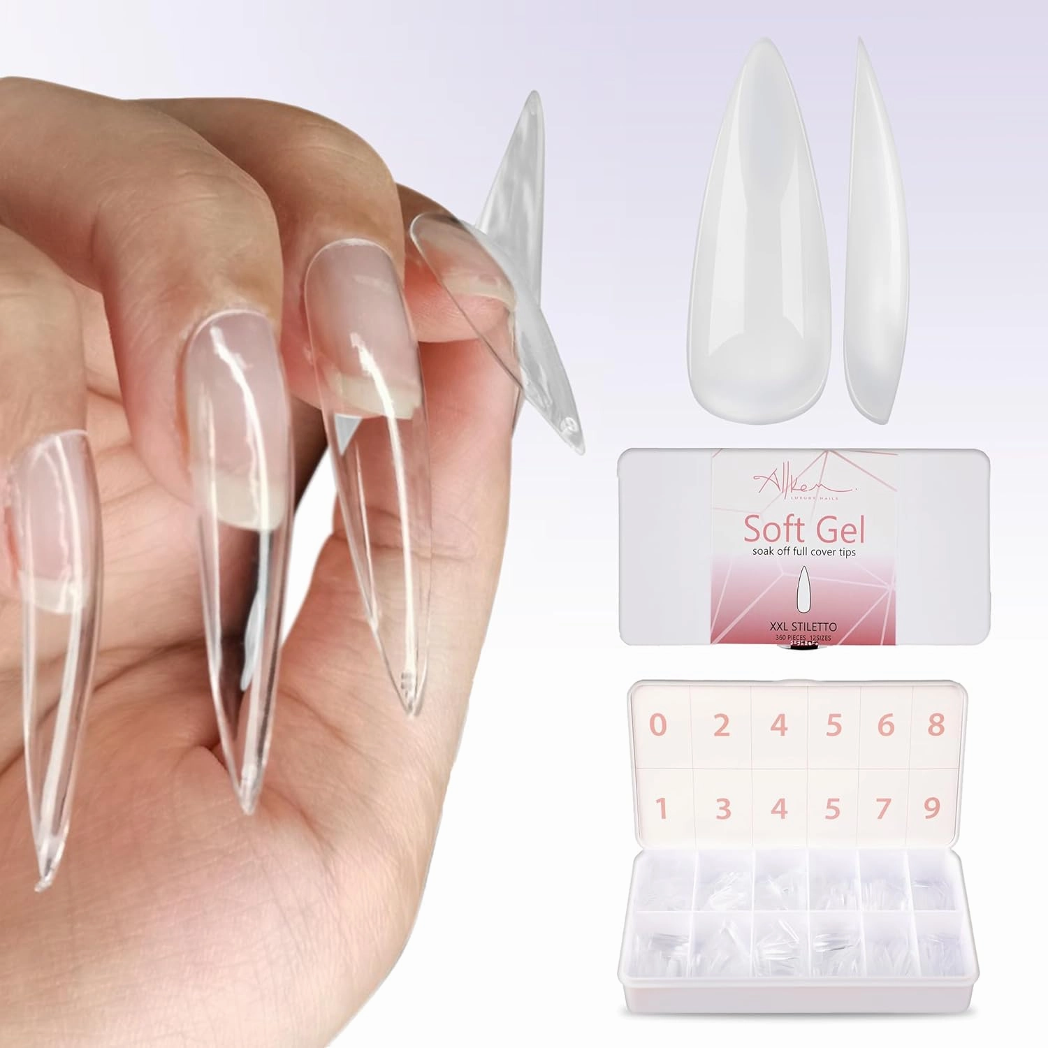 Allkem Soft Gel Nail Tips - 360 pcs XXL Stiletto Nail Extensions Kit - 12 Sizes Extra Extra Long Full Cover Nails - Clear (360 Pieces)