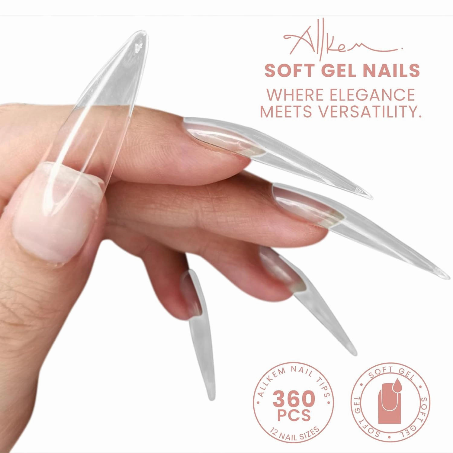Allkem Soft Gel Nail Tips - 360 pcs XXL Stiletto Nail Extensions Kit - 12 Sizes Extra Extra Long Full Cover Nails - Clear (360 Pieces)