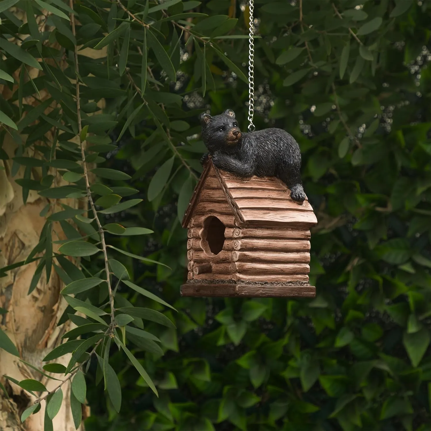 Alpine Corporation ZEN748 Resting Bear on Log Cabin Birdhouse, 8 Inch Tall, Black/Brown