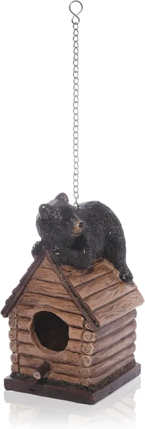 Alpine Corporation ZEN748 Resting Bear on Log Cabin Birdhouse, 8 Inch Tall, Black/Brown