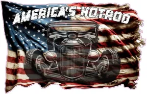 American Hot Rod Patriotic Flag Hotrod Decal, Classic Vintage Automobile Design, USA Flag Background (36" x 23")