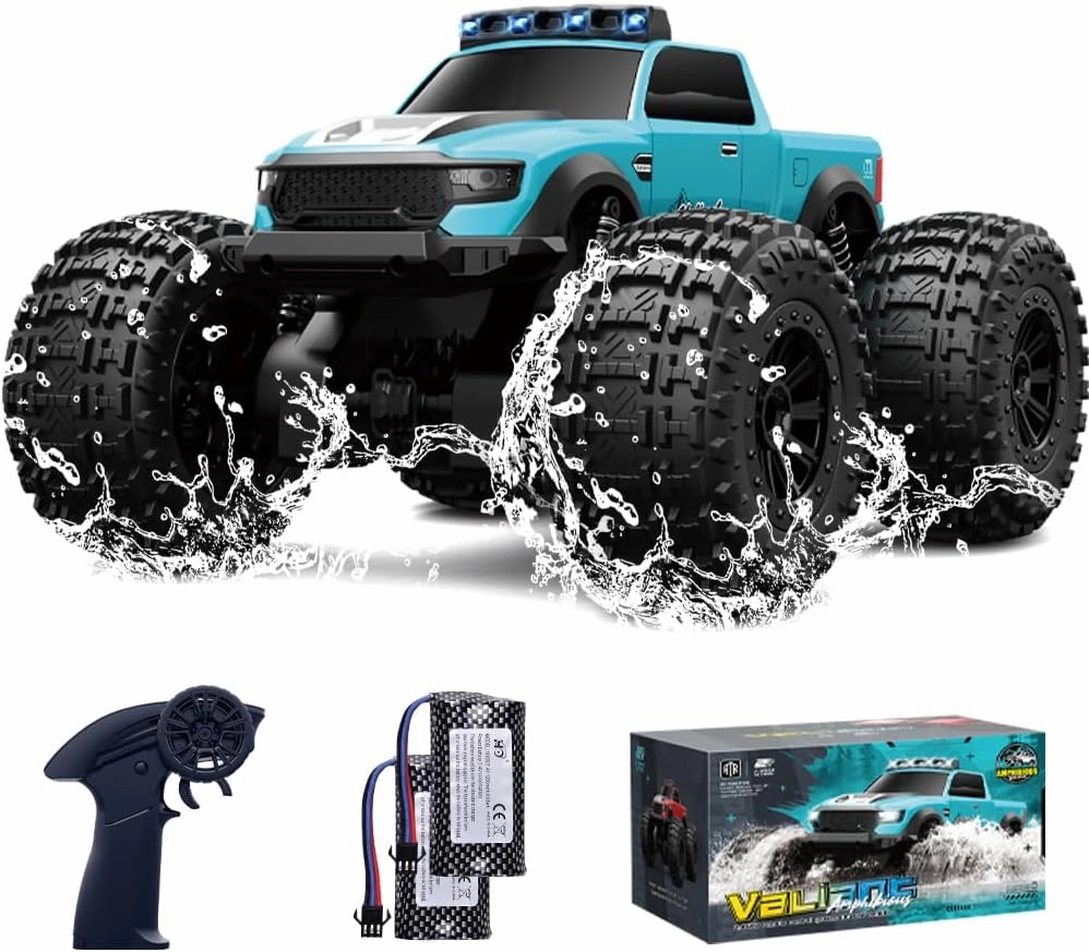 Amphibious Remote Control Car Waterproof Monster Truck Toys for Kid 4WD All Terrain Off Road RC Cars 2.4G RC Trucks 2 Batteries Drift RC Stunt Cars for Boys Age 6-12 Kids Gifts (Blue)