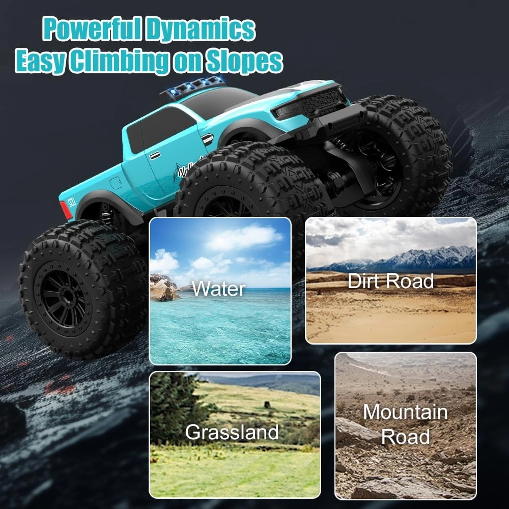 Amphibious Remote Control Car Waterproof Monster Truck Toys for Kid 4WD All Terrain Off Road RC Cars 2.4G RC Trucks 2 Batteries Drift RC Stunt Cars for Boys Age 6-12 Kids Gifts (Blue)