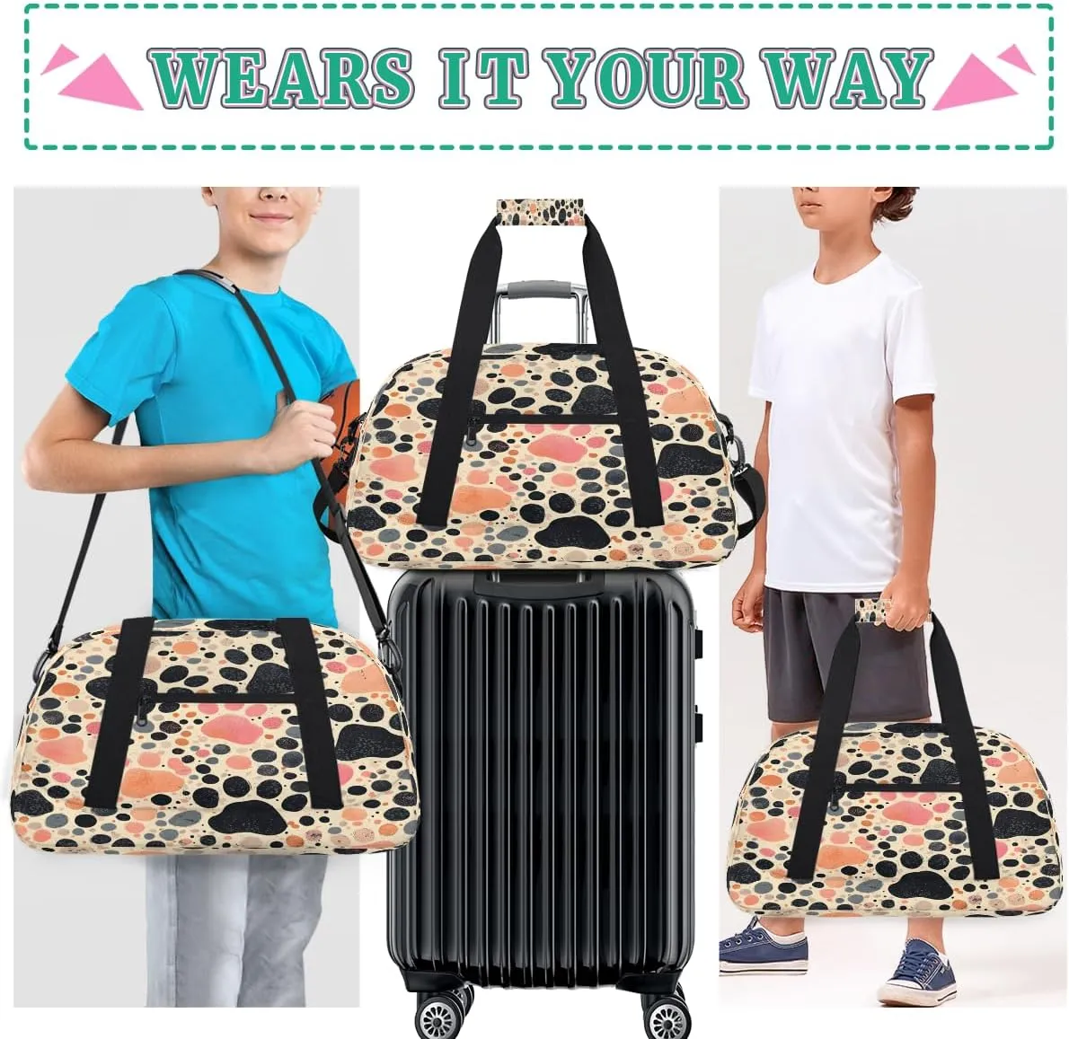 Animal Paw Print Kids Overnighter Duffel Bags for Boys, Carry-On Size Sports Gym Bag with Front Zipper Pocket for School Practice or Overnight Travel Weekender Sleepover Tote Bag