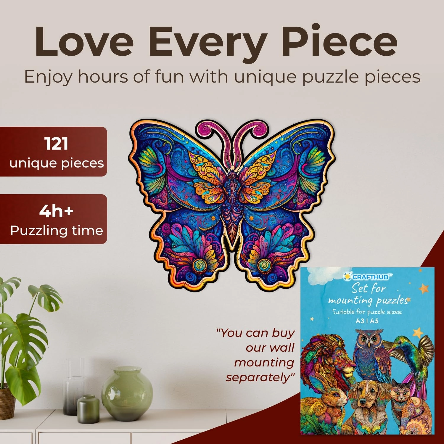 Animal Wooden Puzzles for Adults – A3 Butterfly with 121 Pieces Wood Puzzles – Jigsaw Puzzles with Unique Animal Shapes – 9.8" x 16"