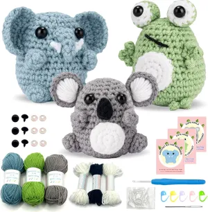 Animals Crochet Kit for Beginners, Frogs Elephants Koalas Crochet Kit Beginner for Kids with Step-by-Step Video Tutorials Yarn Crochet Hook Great Gift for Crochet Lovers