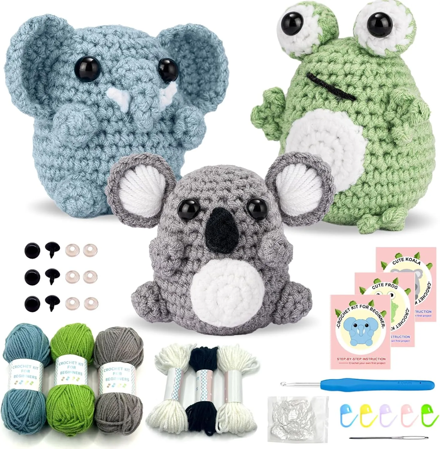 Animals Crochet Kit for Beginners, Frogs Elephants Koalas Crochet Kit Beginner for Kids with Step-by-Step Video Tutorials Yarn Crochet Hook Great Gift for Crochet Lovers