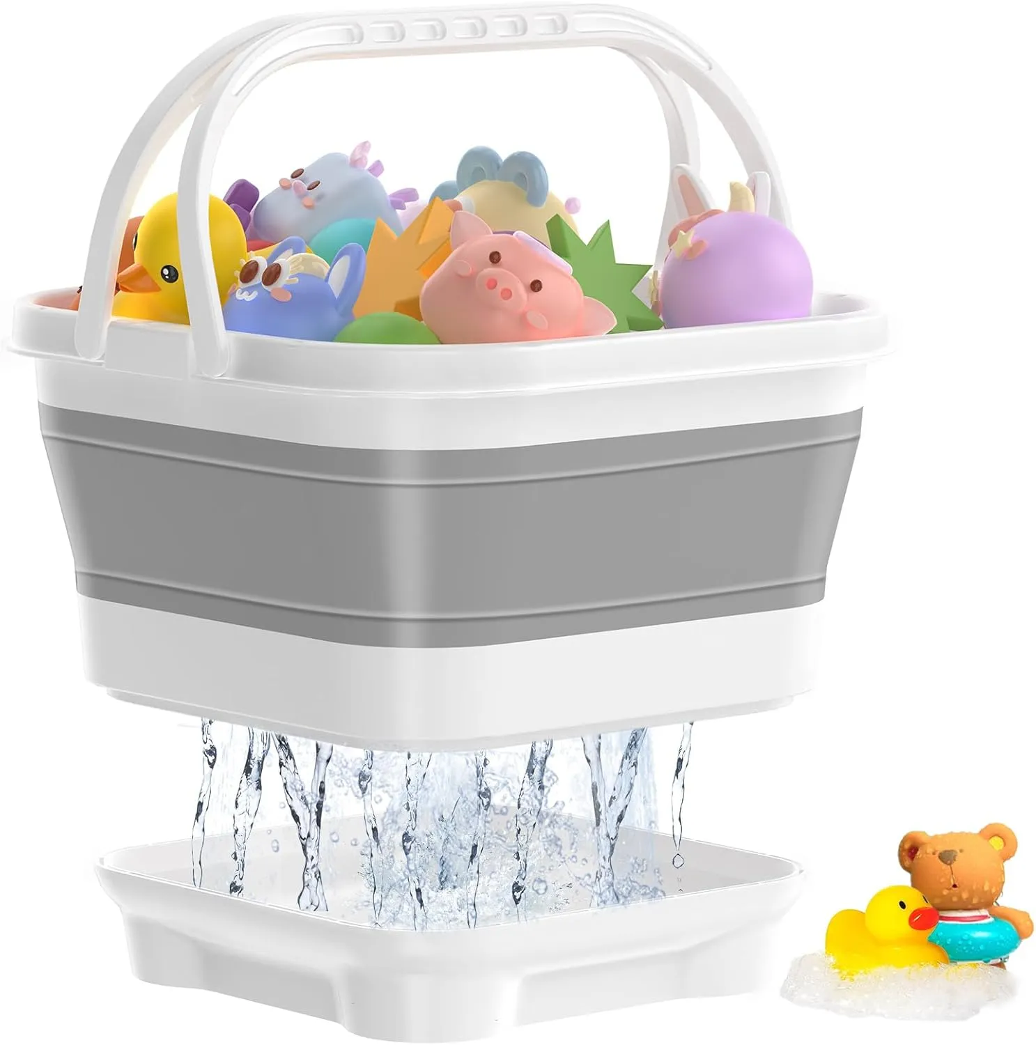 Anivia Foldable-Bath-Toy-Storage-Organizer, Bath Toy Holder with Removable Base, Quick-Drain-Drying Bathtub Toy Storage, Basket Bathroom Shower Toys Holder for Kids (Gray)