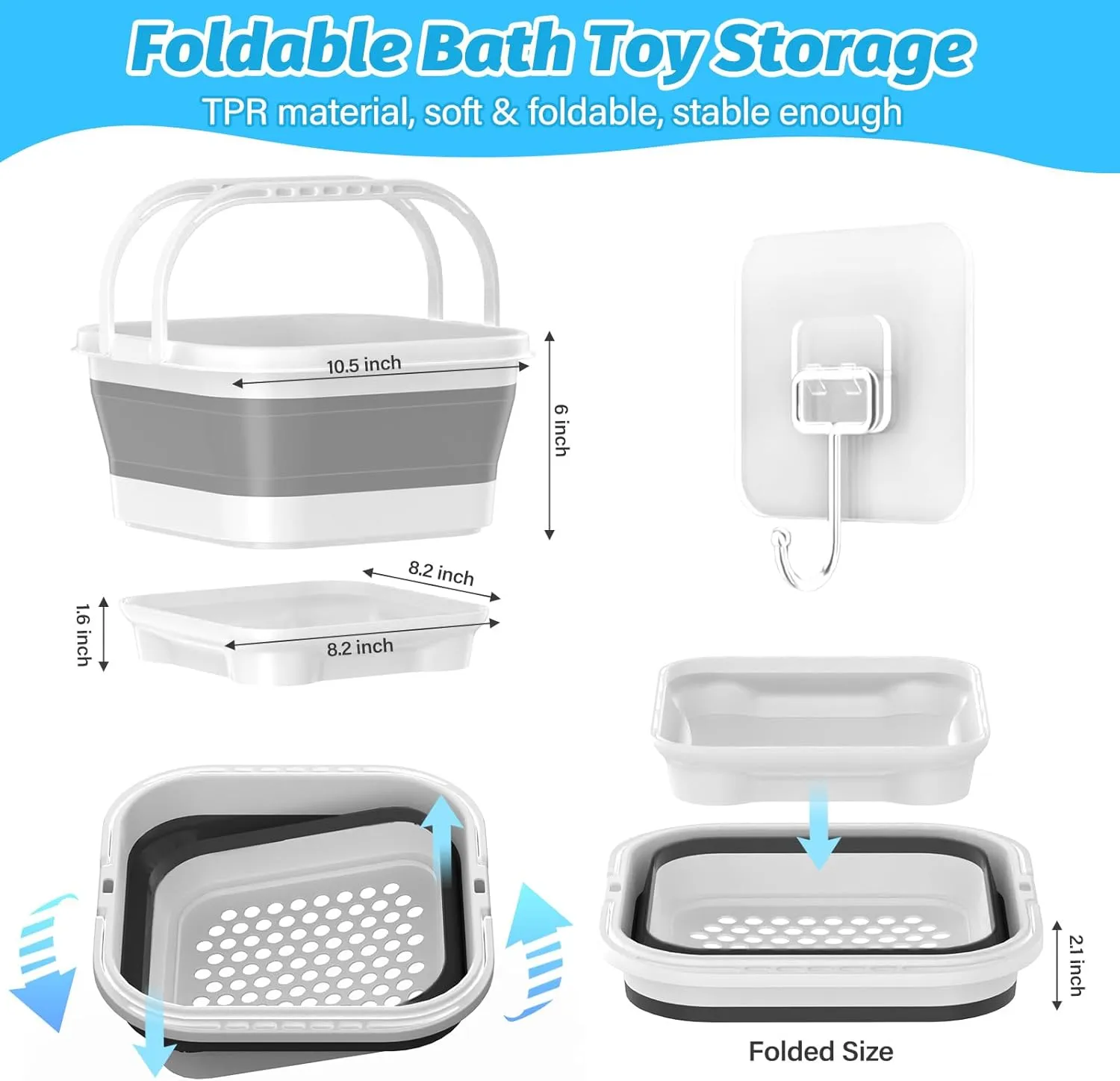 Anivia Foldable-Bath-Toy-Storage-Organizer, Bath Toy Holder with Removable Base, Quick-Drain-Drying Bathtub Toy Storage, Basket Bathroom Shower Toys Holder for Kids (Gray)