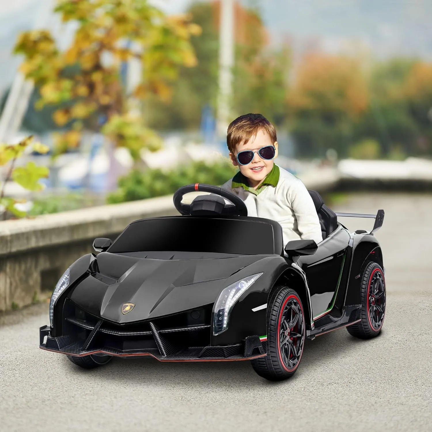 Aosom Lamborghini Veneno Licensed Kids Electric Car with Bluetooth, 12V Ride on Car with Butterfly Doors, Remote Control, Portable Battery, Suspension System, Horn, Songs, Lights, Black