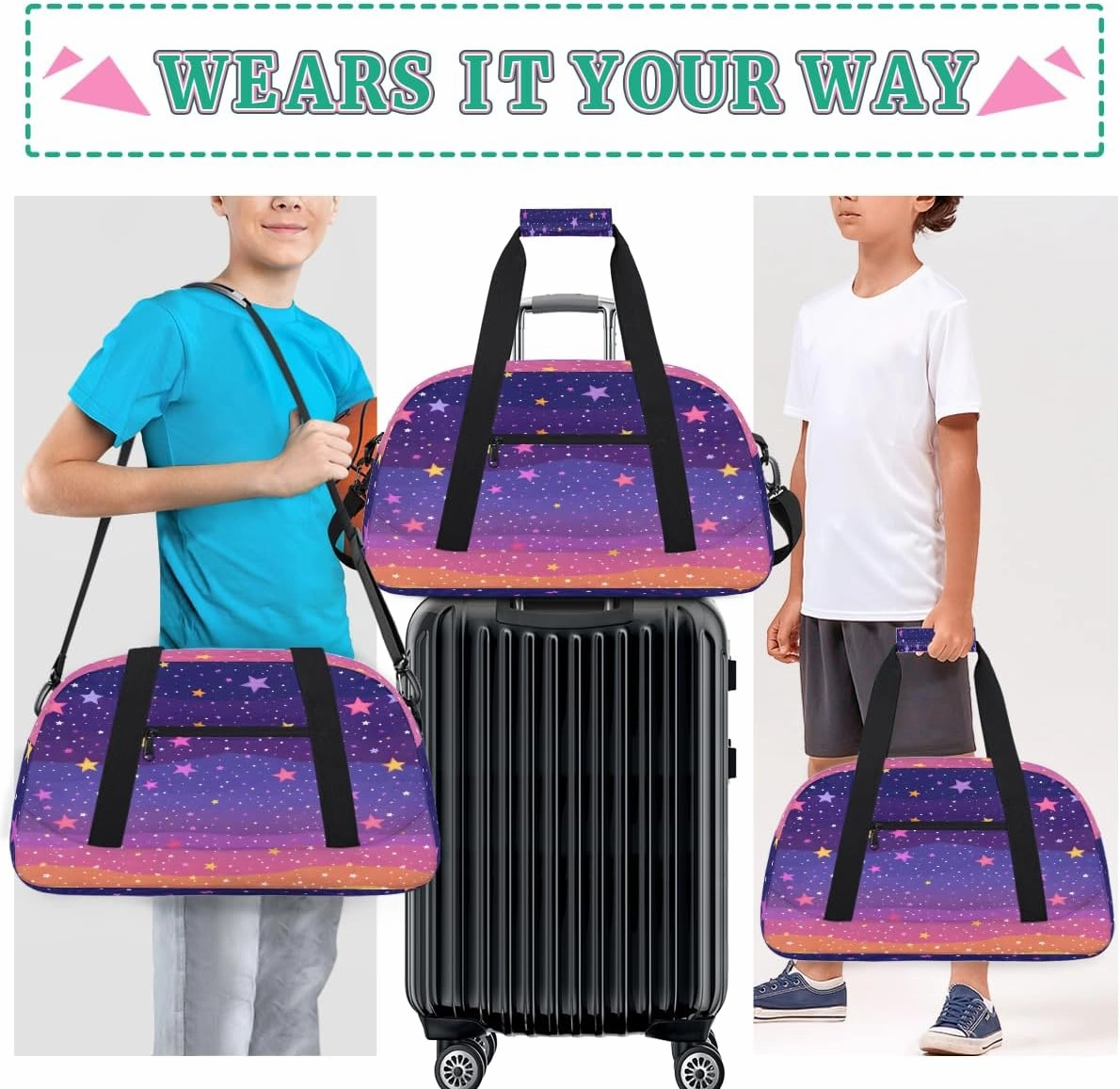 Art Rainbow Stars Kids Overnighter Duffel Bags for Boys, Carry-On Size Sports Gym Bag with Front Zipper Pocket for School Practice or Overnight Travel Weekender Sleepover Tote Bag