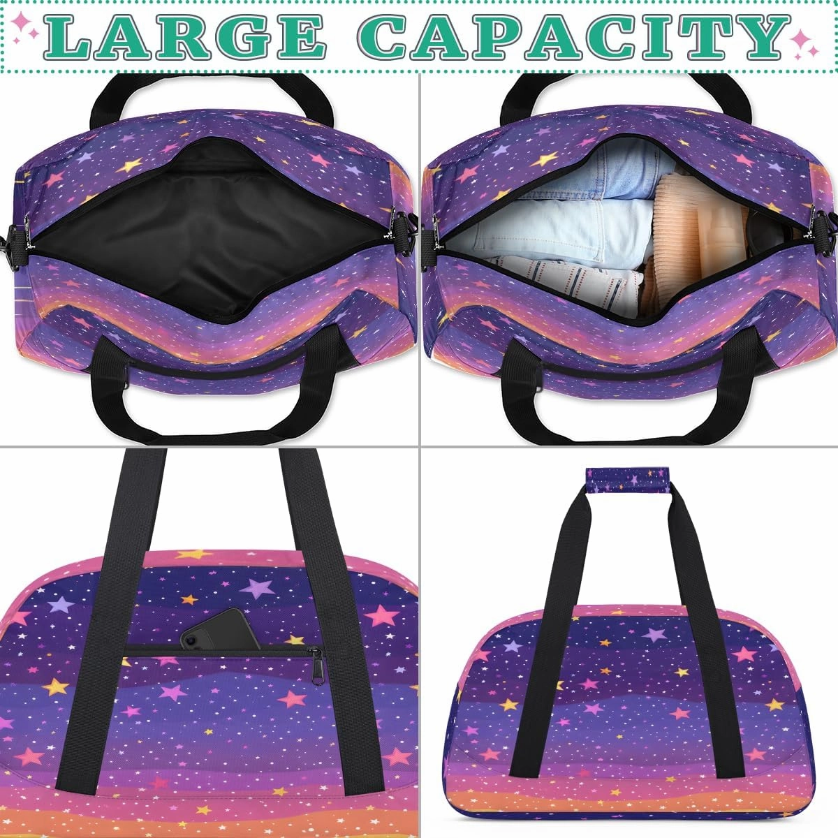 Art Rainbow Stars Kids Overnighter Duffel Bags for Boys, Carry-On Size Sports Gym Bag with Front Zipper Pocket for School Practice or Overnight Travel Weekender Sleepover Tote Bag