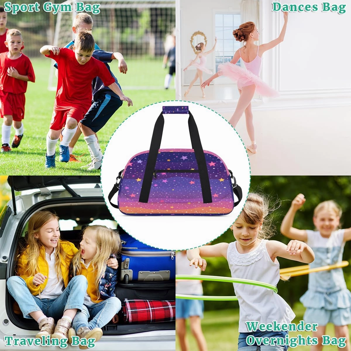 Art Rainbow Stars Kids Overnighter Duffel Bags for Boys, Carry-On Size Sports Gym Bag with Front Zipper Pocket for School Practice or Overnight Travel Weekender Sleepover Tote Bag