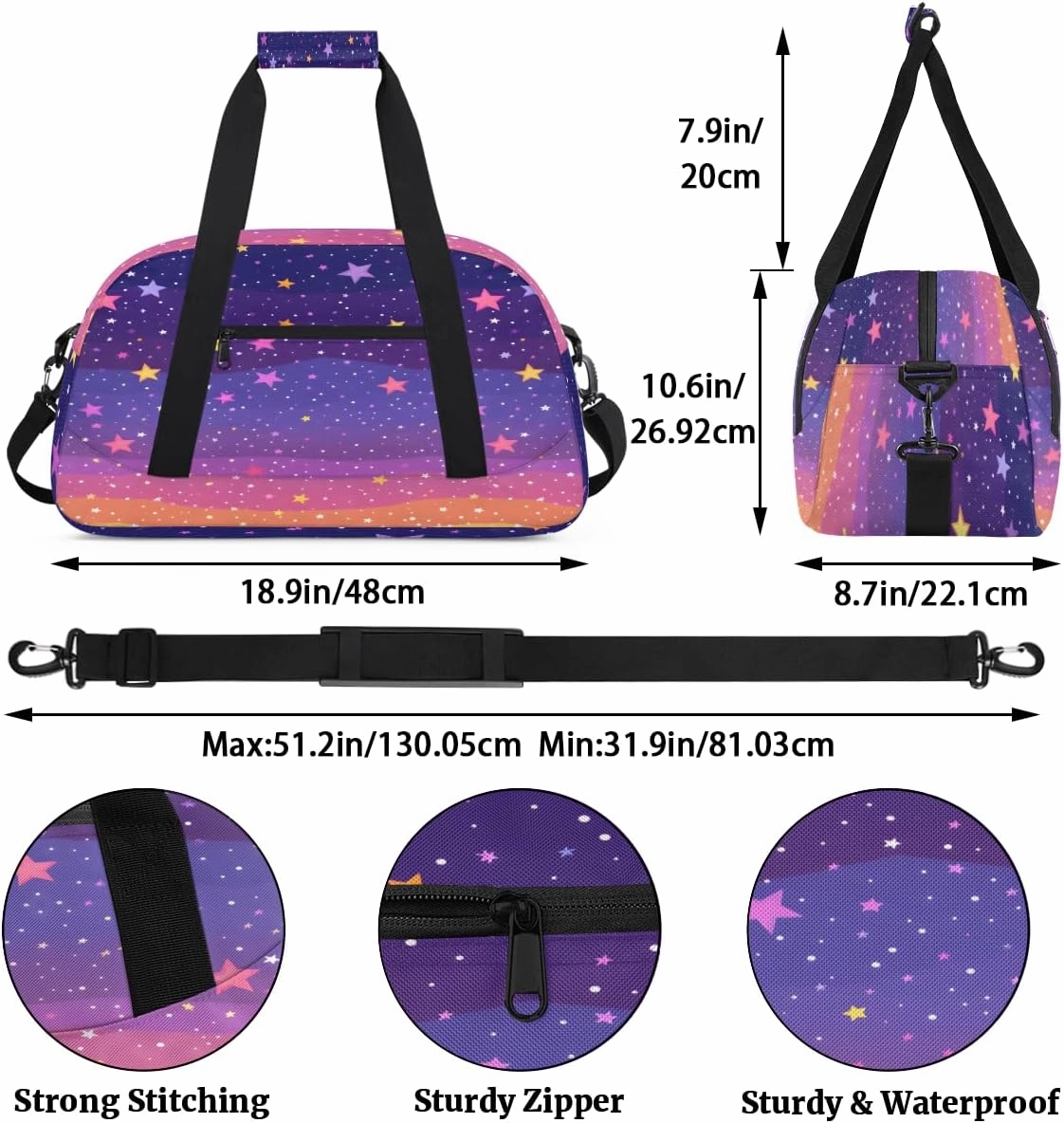 Art Rainbow Stars Kids Overnighter Duffel Bags for Boys, Carry-On Size Sports Gym Bag with Front Zipper Pocket for School Practice or Overnight Travel Weekender Sleepover Tote Bag