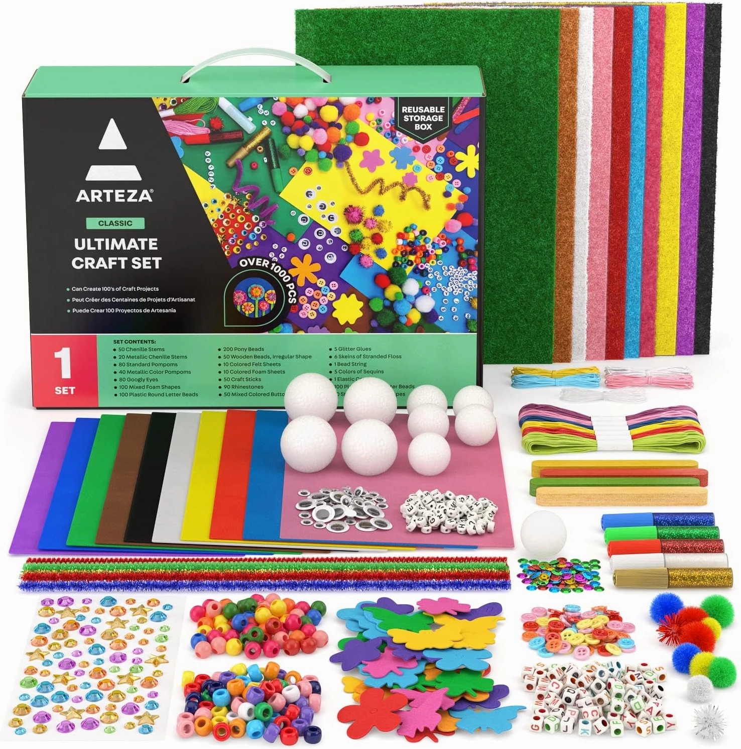Arteza Ultimate Craft Kit, over 1,000 Pieces and Craft Supplies, Felt, Pom Poms, Googly Eyes, Glitter Glue, Pipe Cleaners for Crafts and DIY Projects