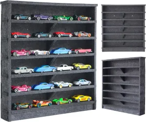 Assemblable Toy Cars Display Case for Kids, Portable Display Case Fit for Toy Cars Case & Matchbox Cars, Dampening Felt 24 Display Holder, Wall-Mounted Storage Organizer Case (Gray- New Version)