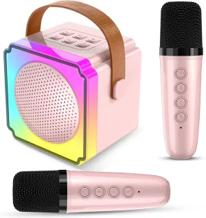 Auney Mini Karaoke Machine for Kids,Bluetooth Light Up Speaker with 2 Portable Microphones Wireless,Kids Karaoke Machine Toys Gifts for Kids 3-12 Home Party Gifts (Pink 2 Mics)