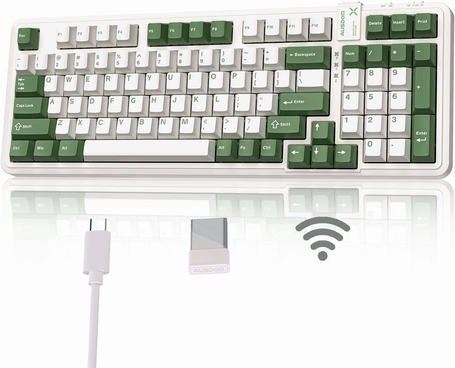 AUSDOM 98Pro Wireless Mechanical Keyboard, Tri-Mode BT/2.4GHz/USB-C Hot Swappable Custom Gaming Keyboard with Backlit, Gasket Structure, Linear Switches for Windows/Mac/PC (Green&White 97keys)