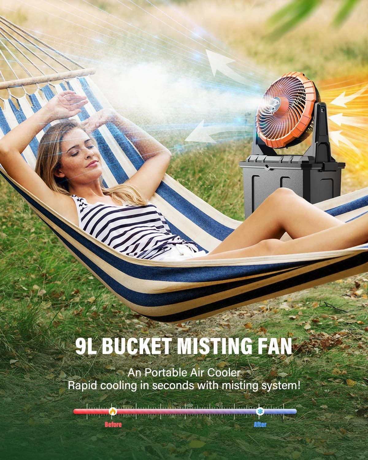 Ausic 9L Bucket Misting Fan Portable for Outside Patio, 20000mAh Rechargeable Battery Operated Fan for Outdoor,Camping,Fishing, Travel,Garden,Golf,Office - 3 Strong Winds,3 Large Spray Outlets
