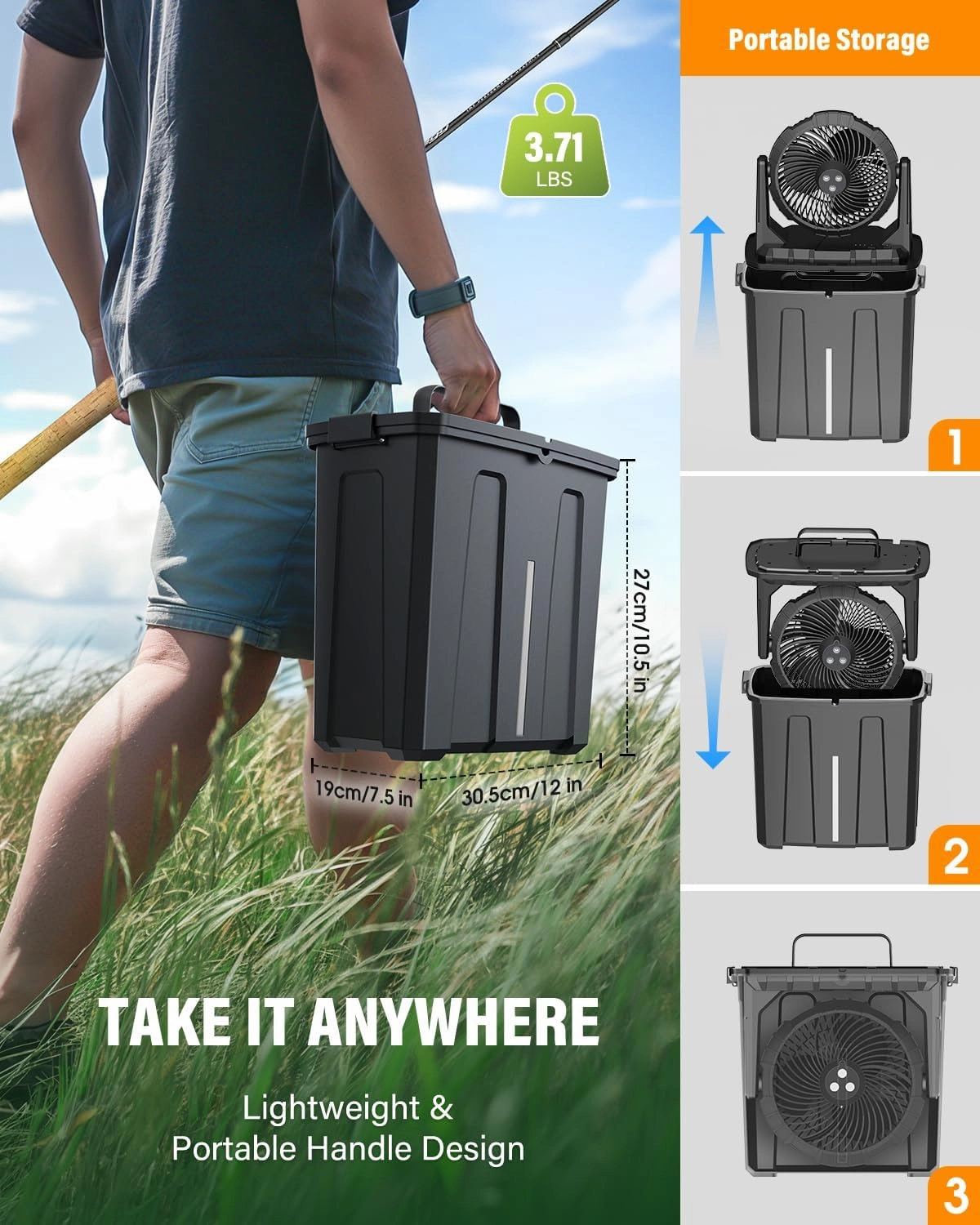 Ausic 9L Bucket Portable Misting Fan for Outdoors Patios - 10IN, 20000mAh Rechargeable Battery Operated Camping Fan, 3 Strong Winds, 3 Large Spray Outlets, for Fishing/Travel/Garden/Golf/Tent/Office