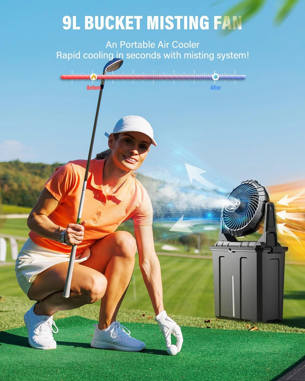 Ausic 9L Bucket Portable Misting Fan for Outdoors Patios - 10IN, 20000mAh Rechargeable Battery Operated Camping Fan, 3 Strong Winds, 3 Large Spray Outlets, for Fishing/Travel/Garden/Golf/Tent/Office
