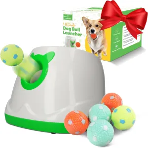 Automatic Dog Ball Launcher Dog Fetch Machine for Small to Medium Sized Dogs,3 Launch Distances, Ball Launcher for Dogs with 6 Latex Balls, Dual Power Supply