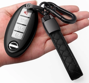 Autophone Compatible Nissan Altima Maxima Rogue Armada Pathfinder Key Fob Cover with Leather Keychain, Black, 4-Button, TPU Material, 360 Protection