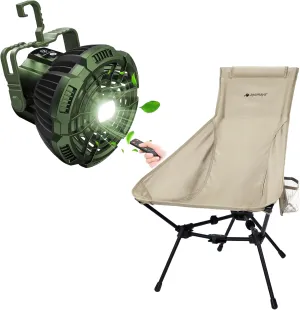 ayamaya Backpacking Chair & Camping Tent Fan, Ultralight Folding High Back Chair, Rechargeable Fan with LEDs for Camping Car Office Hurricane Emergency Survival