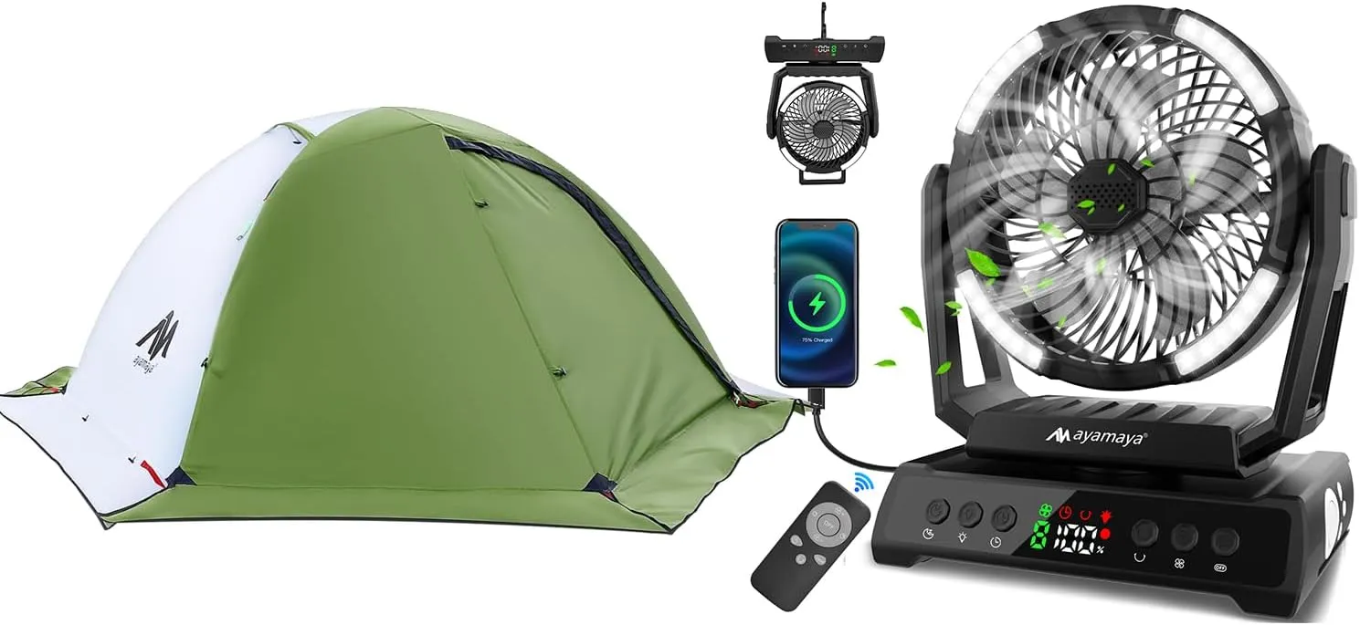 ayamaya Camping Fan   Backpacking Tent, 20000mAh Rechargeable Tent Fan with Remote 9 Wind Modes, Green 2 Person Tent for Backpacking Hiking