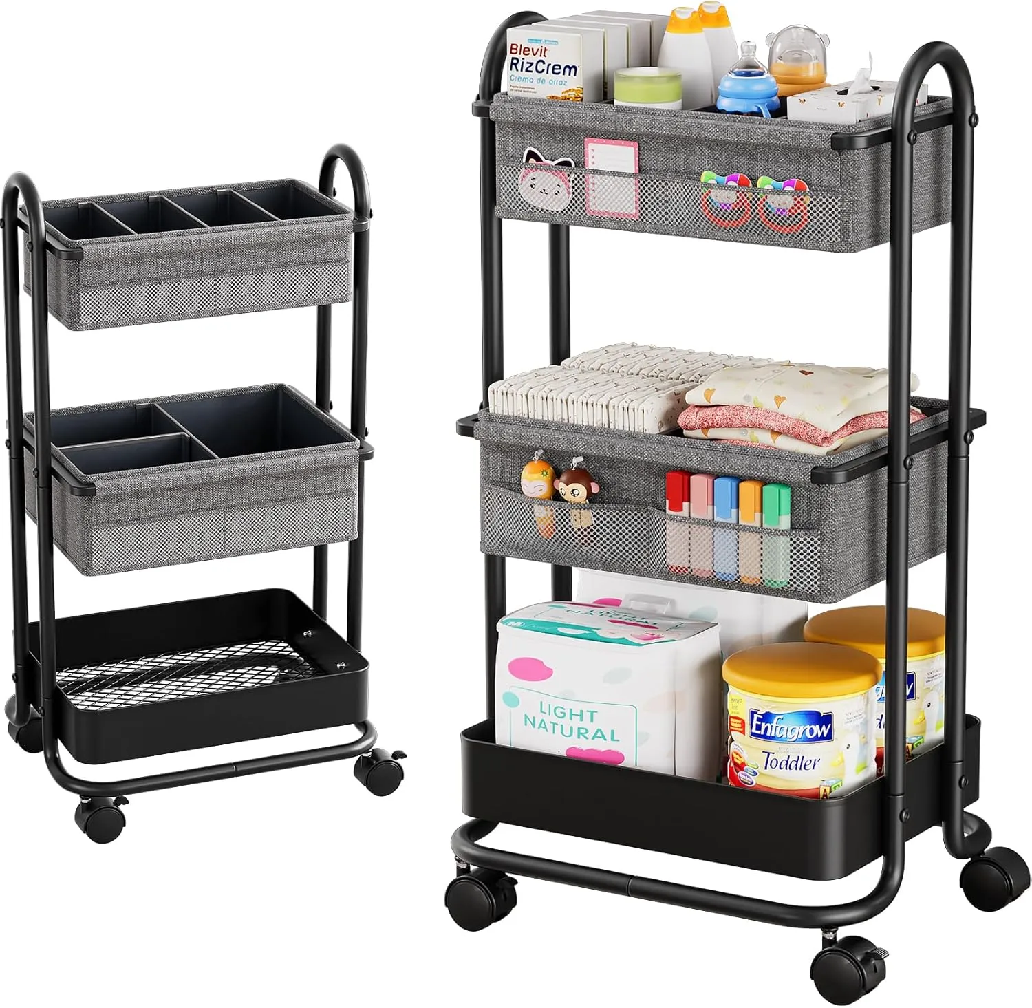 Baby Diaper Caddy Organizer Cart - 3 Tier Rolling Storage Cart with Wheels, Baby Essentials for Nursery Storage, Detachable Dividers - for Crib, Bedroom, Art & Craft Organizer (Black)