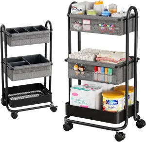 Baby Diaper Caddy Organizer Cart - 3 Tier Rolling Storage Cart with Wheels, Baby Essentials for Nursery Storage, Detachable Dividers - for Crib, Bedroom, Art & Craft Organizer (Black)