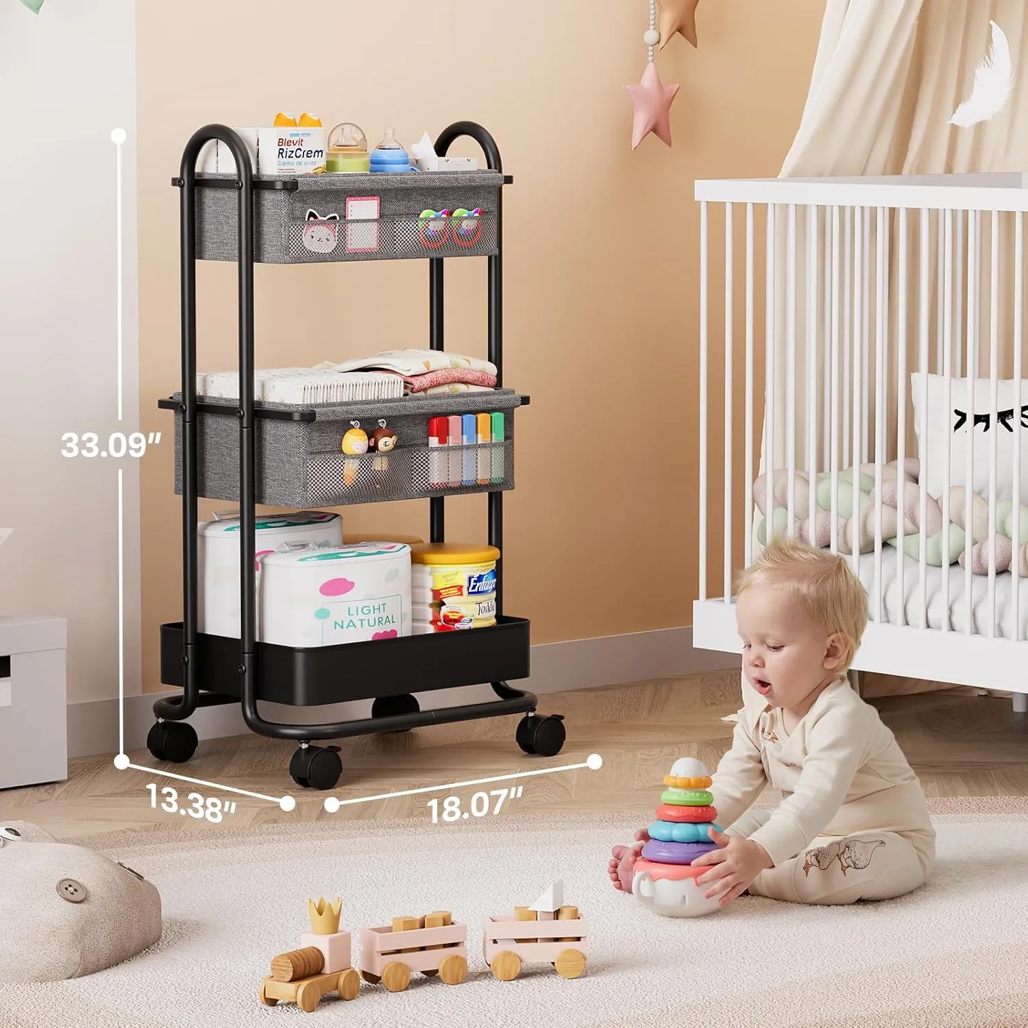 Baby Diaper Caddy Organizer Cart - 3 Tier Rolling Storage Cart with Wheels, Baby Essentials for Nursery Storage, Detachable Dividers - for Crib, Bedroom, Art & Craft Organizer (Black)