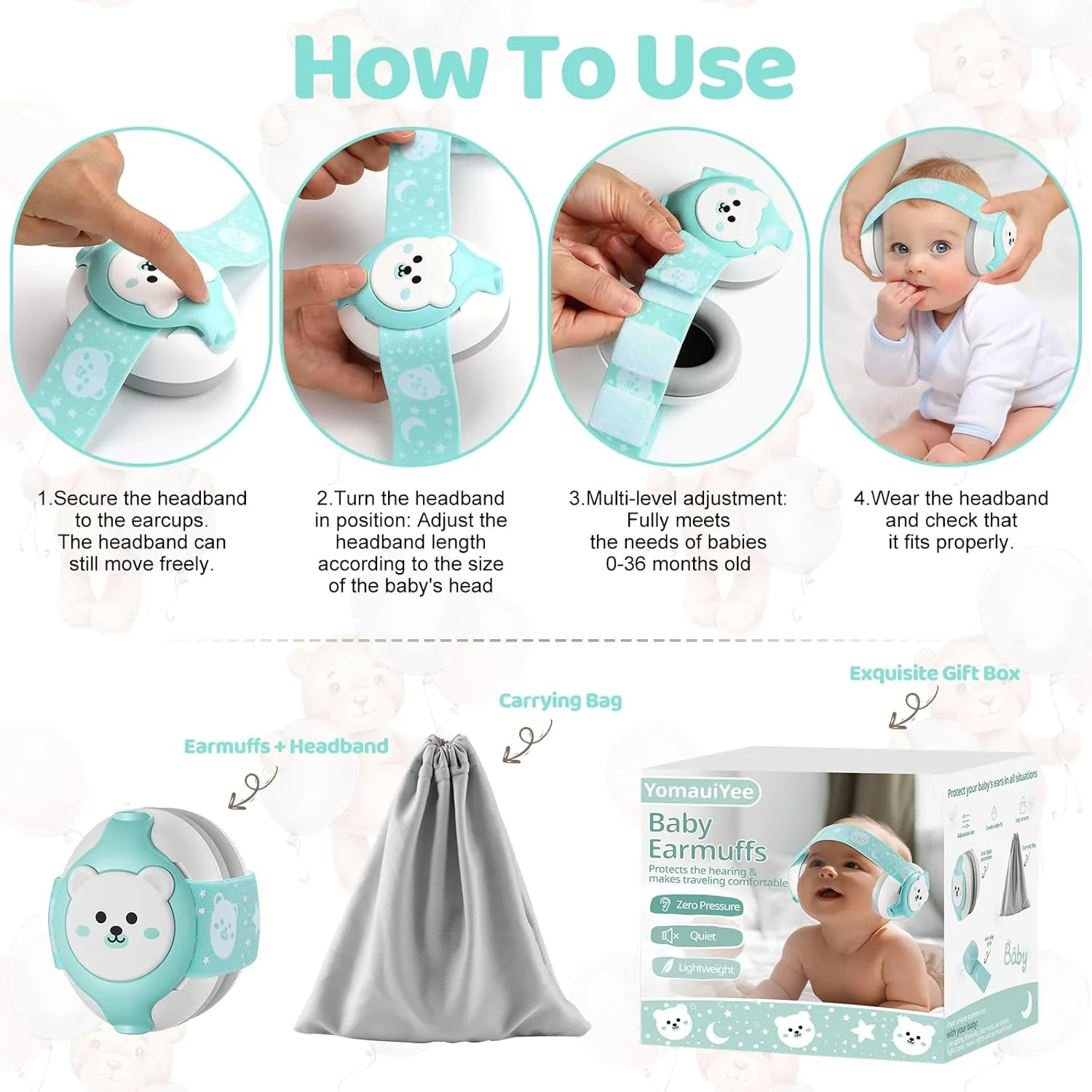 Baby Headphones,Bear Infant Ear Protection Noise Cancelling Headphones for Infants 0-36 Months,Baby Travel Essentials with Carrying Bag Infant Earmuffs for Sleep/Airplane/Outdoor