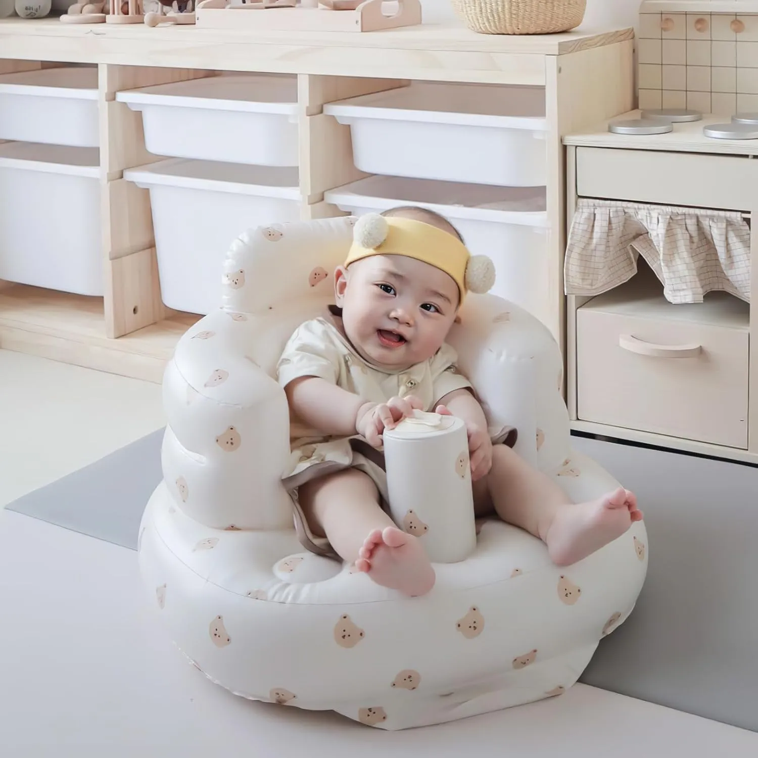 Baby Inflatable Seat with Suction Cups for Babies 3 Months & Up, Baby Floor Seats for Sitting Up with Built in Air Pump, Blow Up Baby Chair for Infants - Bear Head