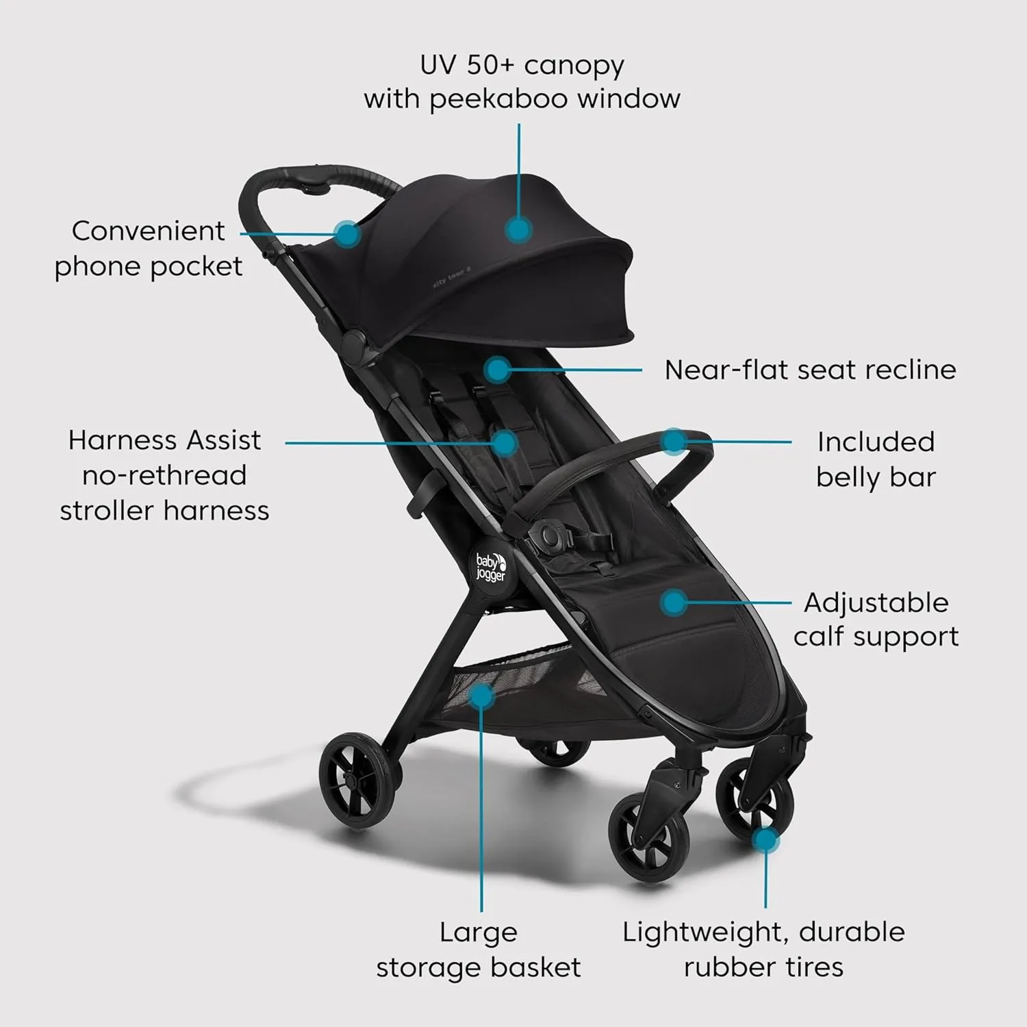 Baby Jogger City Tour 2 Eco Collection Stroller, Lightweight, Easy-Fold, Adjustable Calf Support - Eco Black