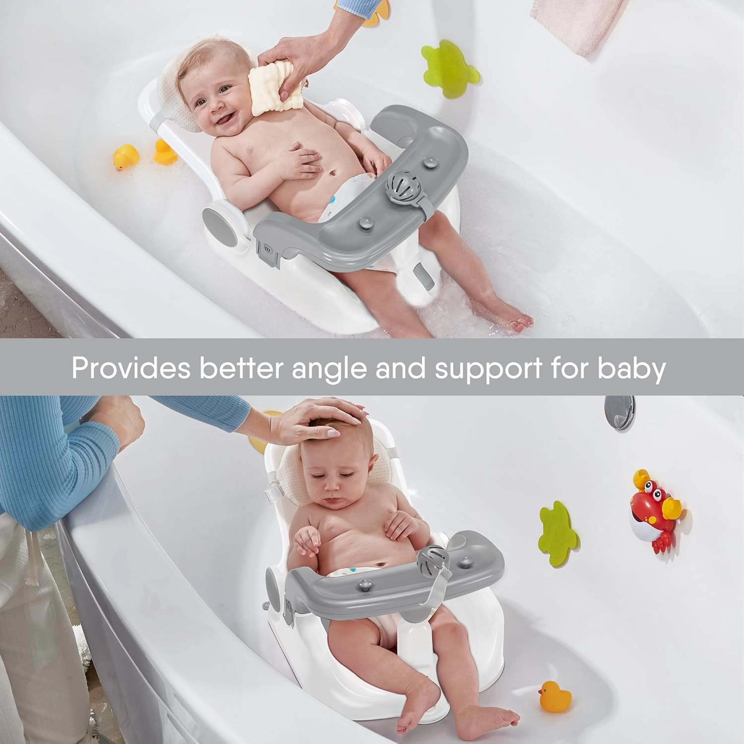 Baby Bath Seat with Sitting & Lying 2 Modes, 3-Speed Adjustment, Powerful Suction Cups, Infant Bathtub Chair with Washable Pillow, Folding and Hanging