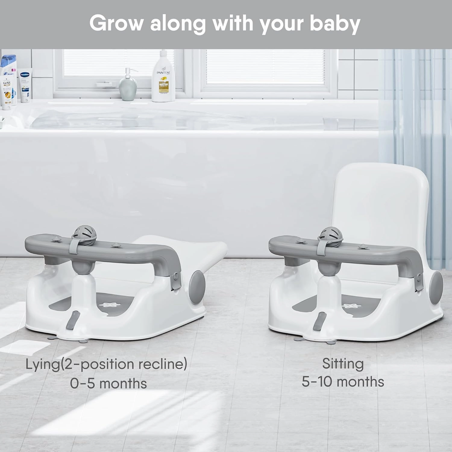 Baby Bath Seat with Sitting & Lying 2 Modes, 3-Speed Adjustment, Powerful Suction Cups, Infant Bathtub Chair with Washable Pillow, Folding and Hanging