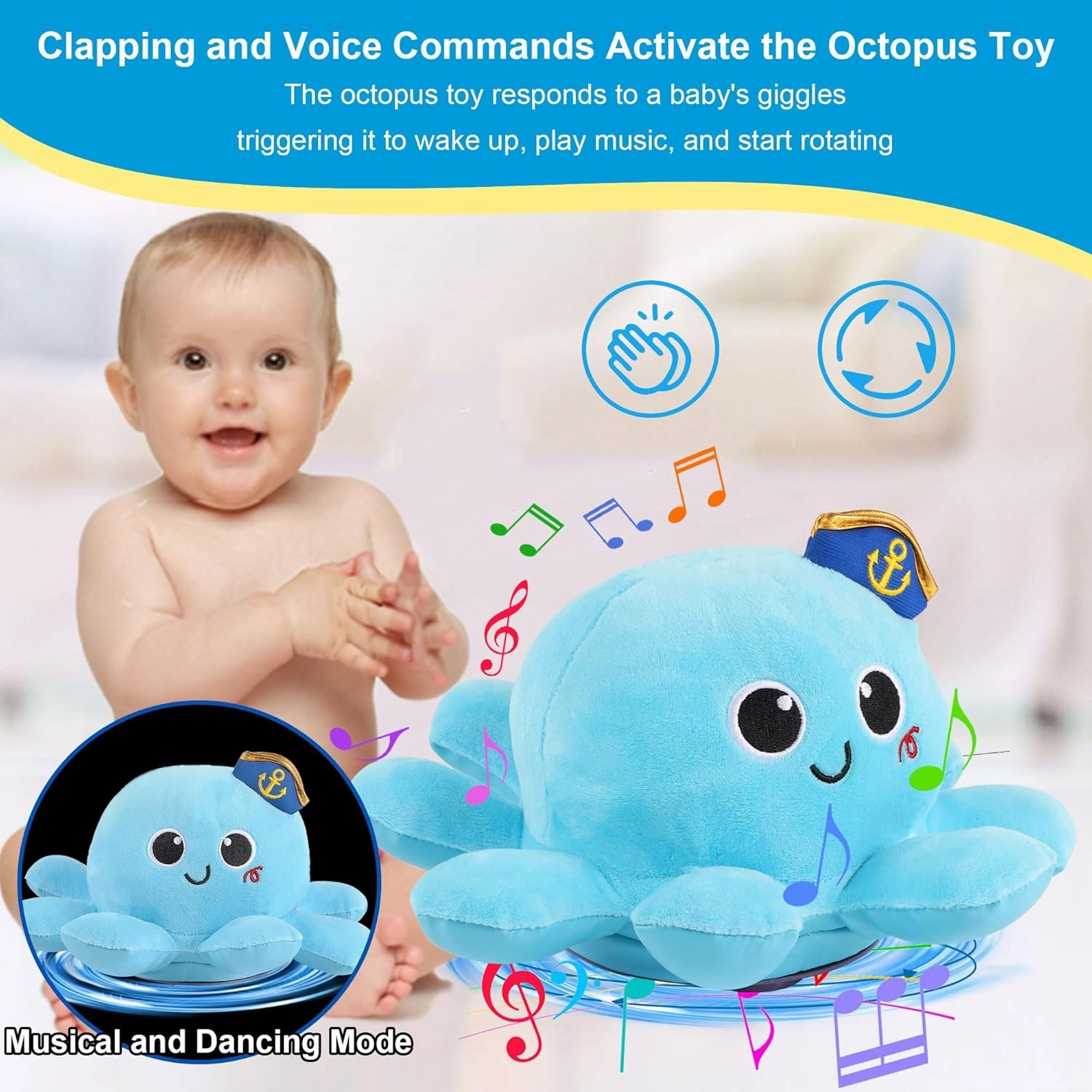 Baby Octopus Crawling Toy - Octopus Toy with Light, Music, Voice Control, and Clap Hands Awake for 2  Year Old Boys and Girls Crawling & Rotating Octopus Baby Toy