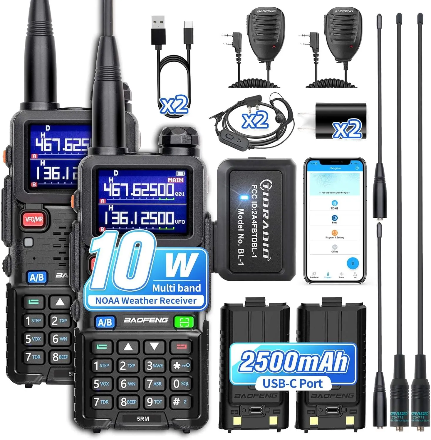 BAOFENG 5RM Ham Radio 10W Long Range Walkie Talkies with Wireless Programmer,NOAA Weather Receiver,2500mAh Rechargeable Battery,USB-C Charging,TD-771 Long Antenna & Baofeng UV-5RM Speaker Mic (2-Pack)