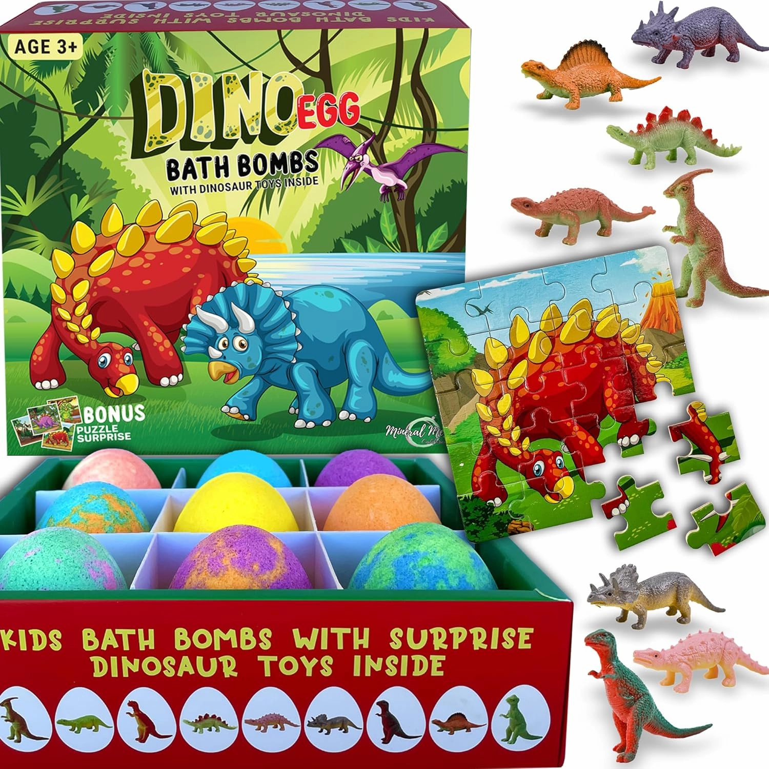 Bath Bombs for Kids with Surprise Toys Inside Plus Dinosaur Puzzle - Set of 9 Organic Dino Egg Bath Bombs, Gentle and Kids Safe, Fizzy Balls with Rich Bubbles, Birthday Gifts for Boys, Girls