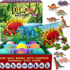 Bath Bombs for Kids with Surprise Toys Inside Plus Dinosaur Puzzle - Set of 9 Organic Dino Egg Bath Bombs, Gentle and Kids Safe, Fizzy Balls with Rich Bubbles, Birthday Gifts for Boys, Girls