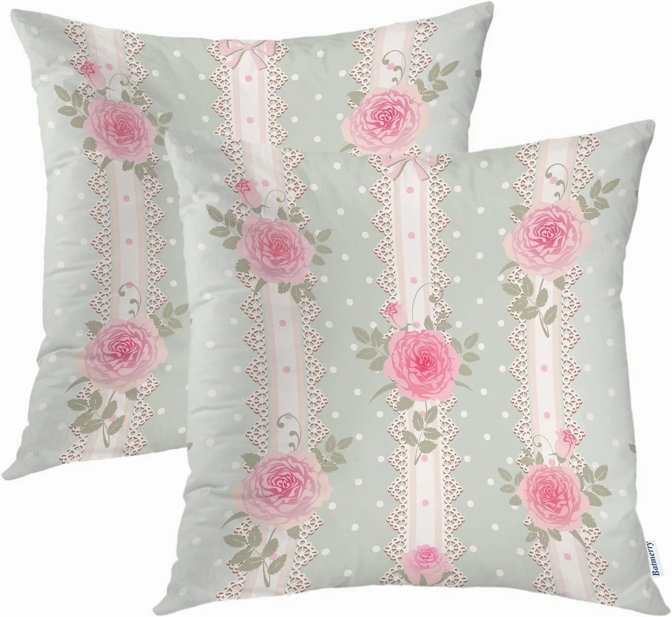Batmerry Seamless Pink Roses Throw Pillow Covers,Spolka dot with lace Floral Decorative Pillow Covers Digital Printing Blended Fabric for Couch Sofa Bed Invisible Zipper 20X20 in