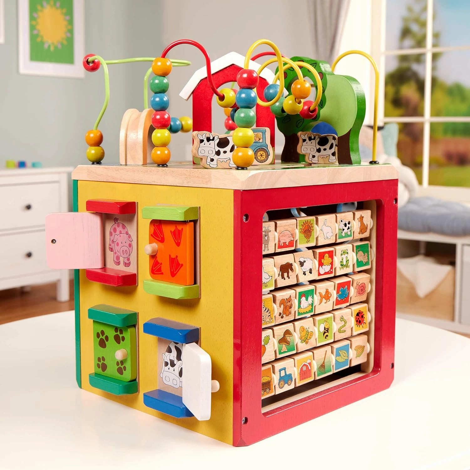 Battat - Activity Cube With Farm Theme - Educational Wooden Toys For Toddlers And Kids - 1 Year  , Red