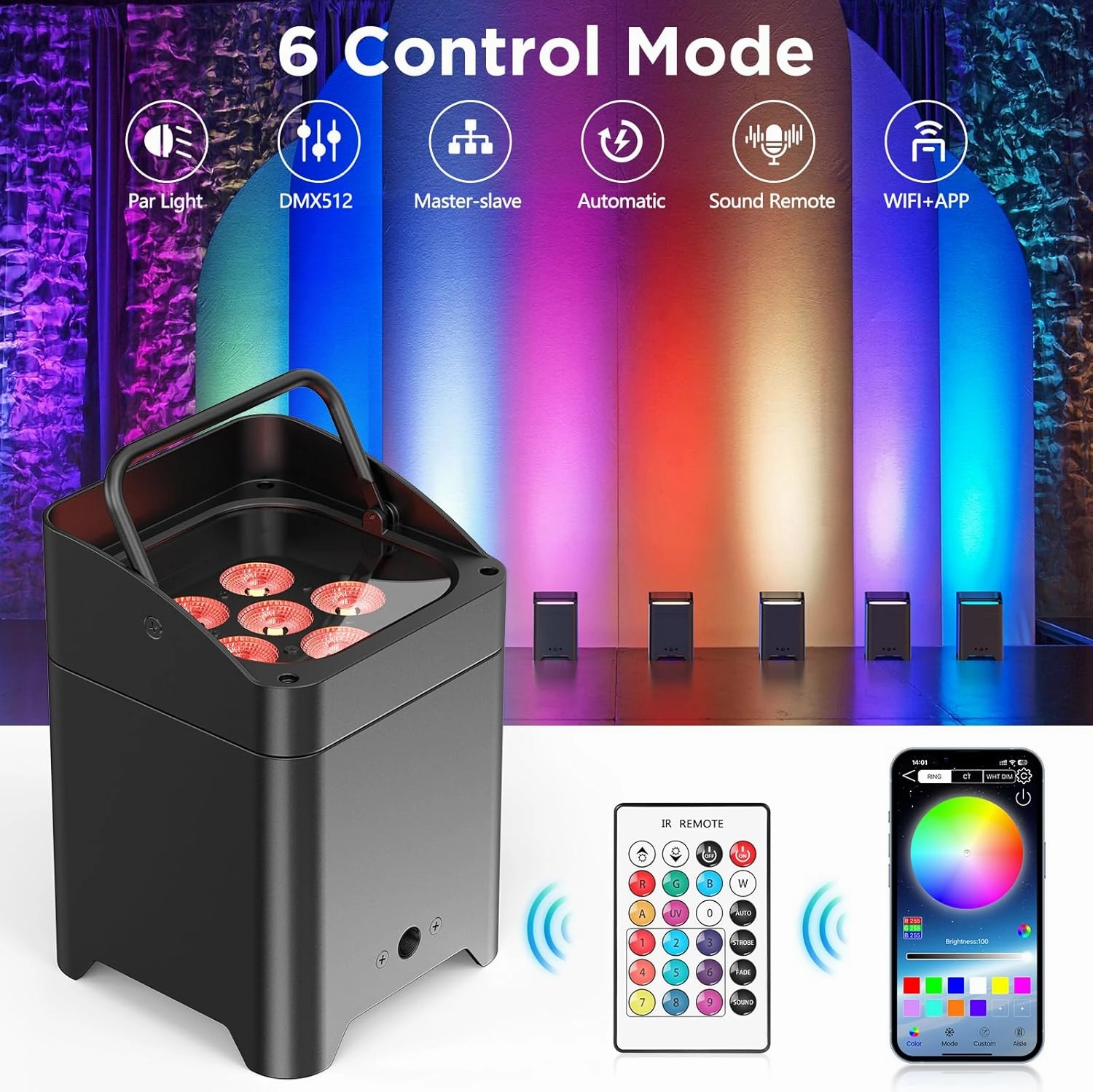 Battery Powered Uplights Rechargeable Par Can 6x18W RGBWA UV LED Uplight 9600 mAh Remote/APP/DMX512 Control Stage Lights Uplighting Indoor for Wedding DJ Church Christmas Dance