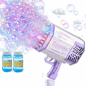 Bazooka Bubble Gun for Kids – 69 Hole Bubble Gun Blaster, 12000 Bubbles/Min – Purple Bubble Machine Gun with 2 Bottles Bubble Solution & Tray – Fun Gift for Parties, Birthdays, Summer Play