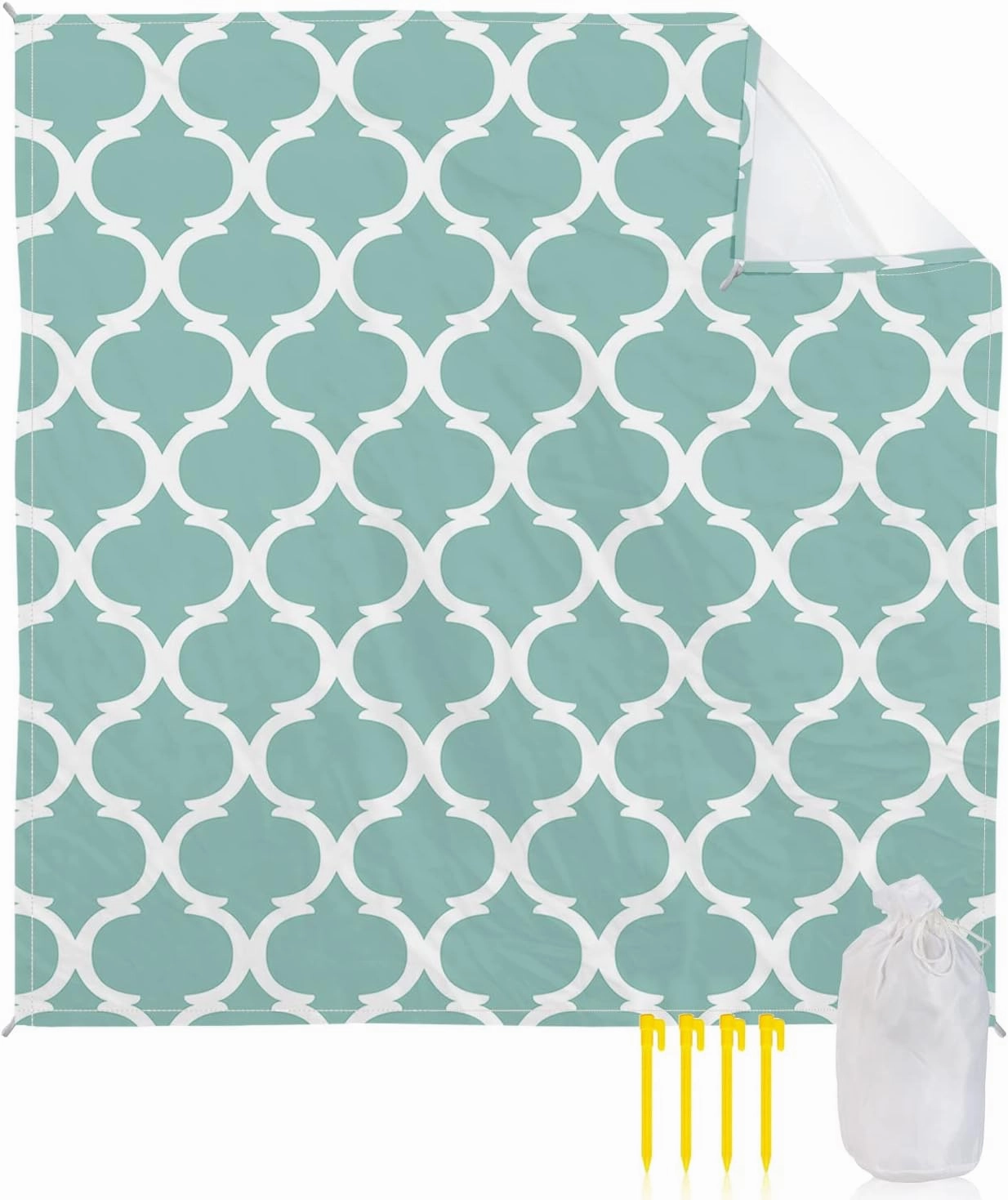 Beach Blanket, Geometric Teal Turquoise Morocco Sandproof Waterproof Outdoor Mat Quick Drying Beach Accessories for Vacation Holiday Picnic Camping, 79"x83" for 1-4 Adults