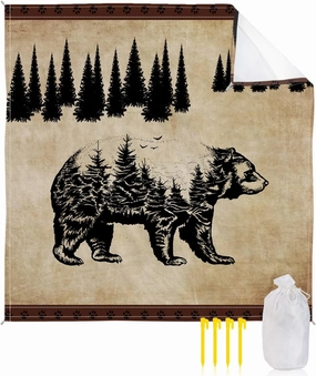 Beach Blanket Sandproof, Bear Pine Tree Vintage Pattern Waterproof Beach Mat Lightweight Quick Drying Picnic Blanket Beach Essentials for Travel Camping Hiking 108x84in