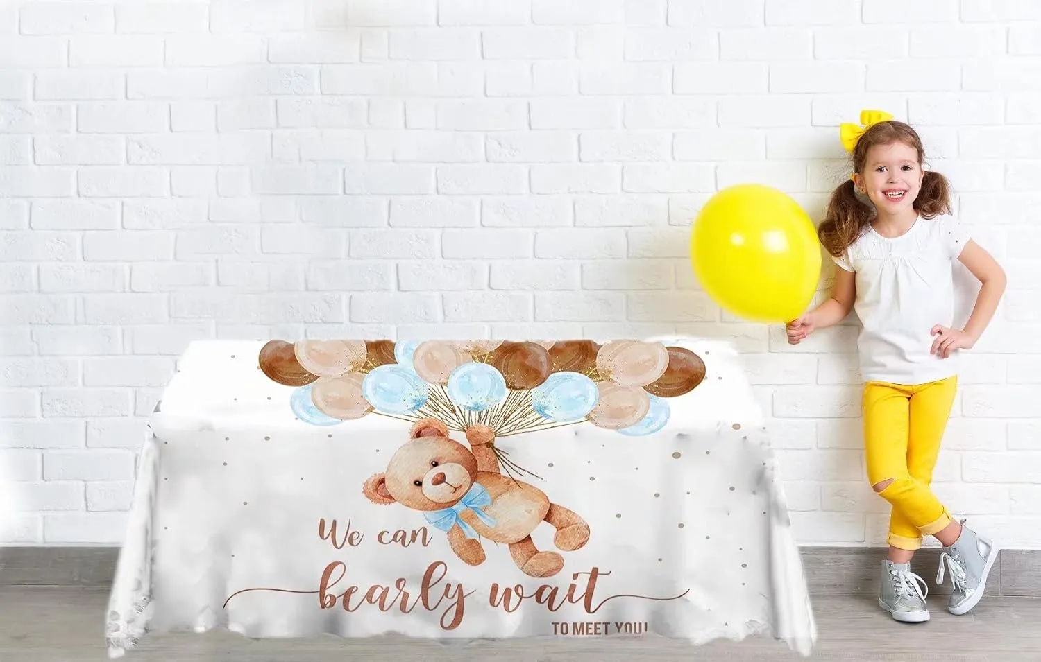 Bear Rectangle Polyester Tablecloth Teddy Bear Table Cover We Can Bearly Wait to Meet You Baby Tablecloth Bear Balloon Table Cover,102x62 Inches ZB-1076