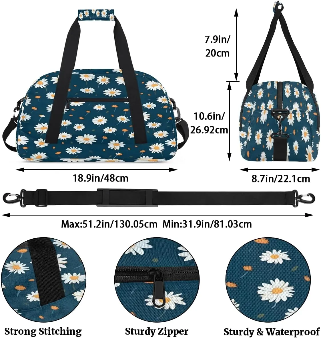 Beautiful Daisy Kids Overnighter Duffel Bags for Boys, Carry-On Size Sports Gym Bag with Front Zipper Pocket for School Practice or Overnight Travel Weekender Sleepover Tote Bag